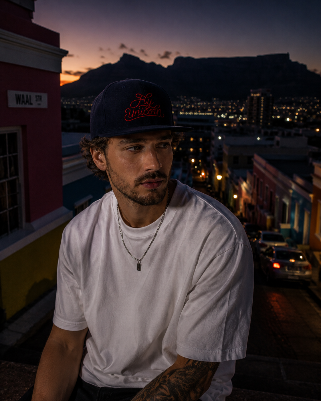 Man wearing Fly Unicorn cap in Bo-Kaap Cape Town at dusk with Table Mountain in the background
