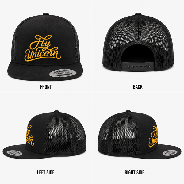 Fly Unicorn  Black Trucker Snapback Cap